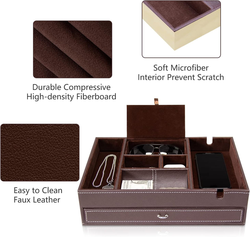 Valet Tray for Men, 2 Layers Nightstand Organizers for Men and Women, Leather Jewelry Storage Box, Mens Dresser Top