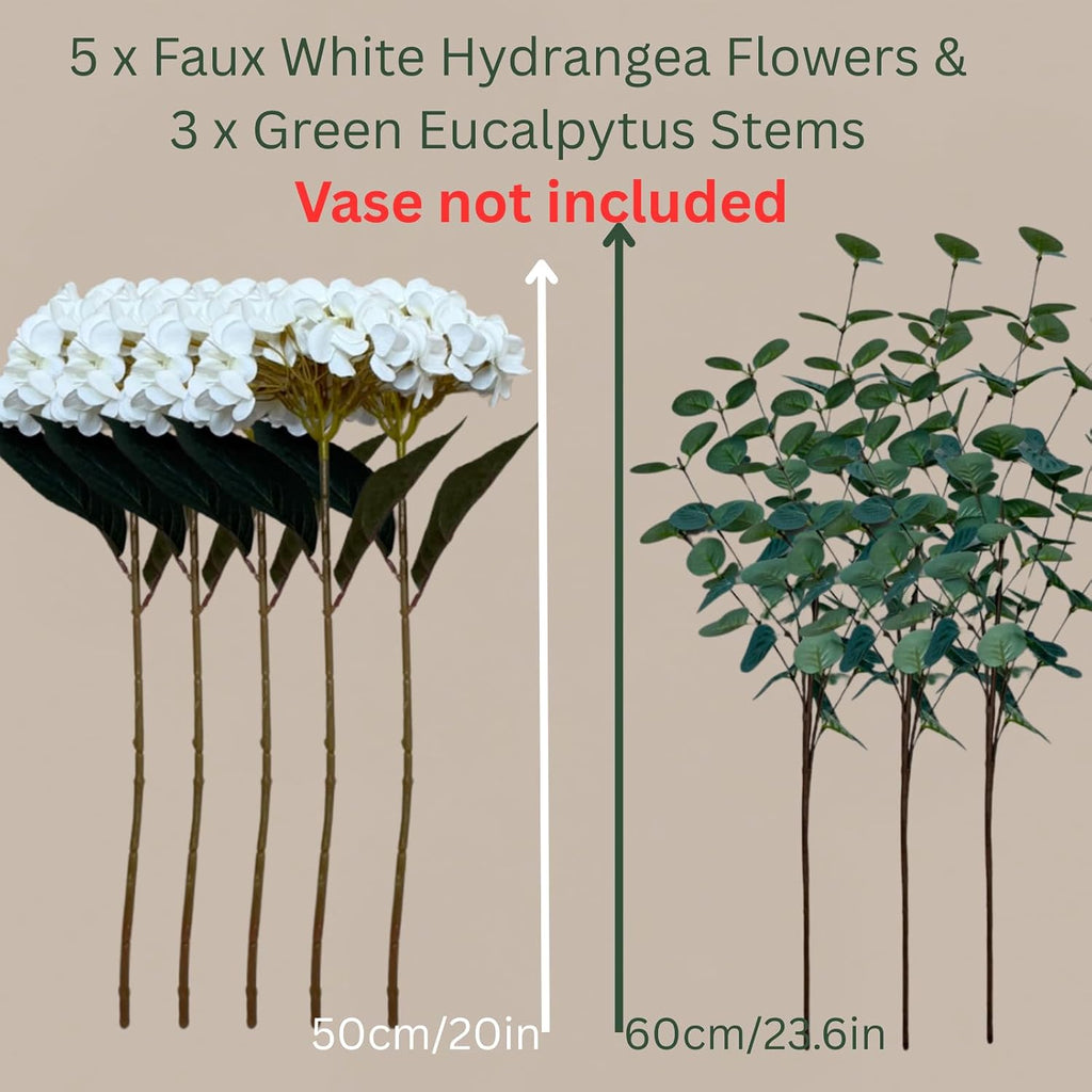 Real Touch White Faux Hydrangea And Eucalyptus Arrangement, Faux Floral Arrangements, Hyper Realistic Artificial - Set of 8