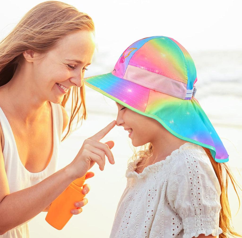 Girls Sun Hat for Kids UV Protection Unicorn Summer Hat Beach Play Hats Wide Brim Neck Flap for Girls Ponytail Hat