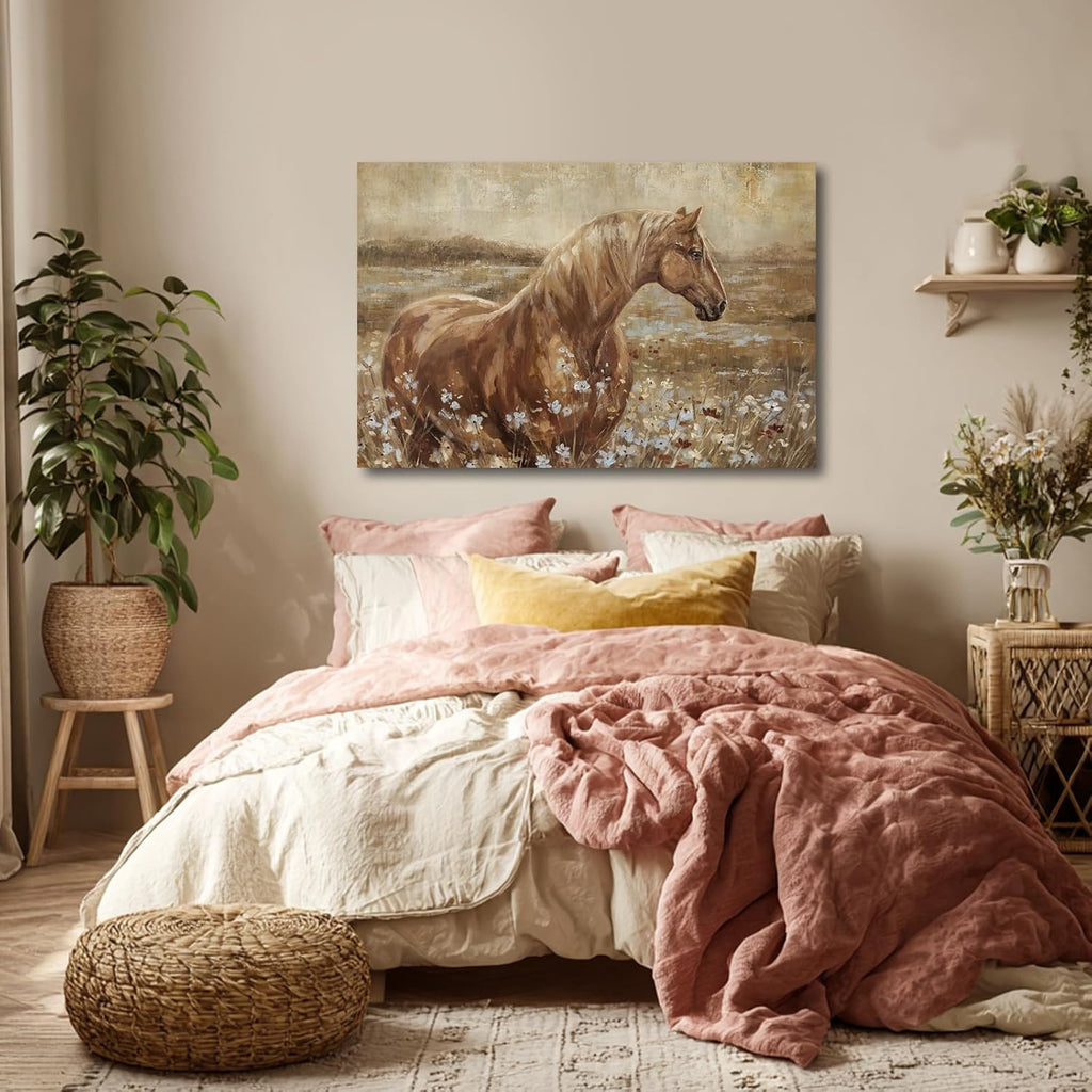 Horse Canvas Wall Art for Farmhouse Decor, Neutral Brown/Beige Equestrian Picture with Wildflower Meadow, Animal
