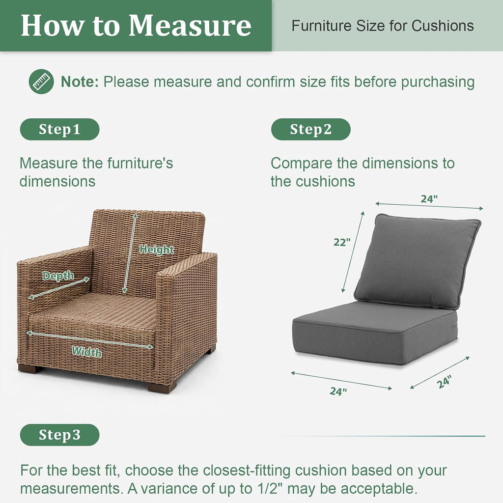 Outdoor Chair Cushions 24 x 24 x 6 Inch, 100% Olef Furniture Cushions, Water & Fade Resistant Deep Seat Replacement