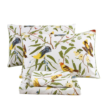 4Pcs Birds Sheets Set for Bed, Farmhouse Green Leaves Pattern, Luxurious Egyptian Percale Cotton Bed Sheet Silky