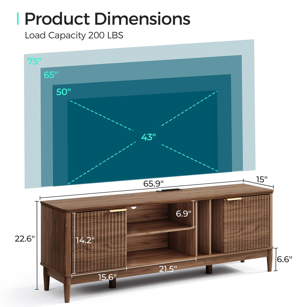 Mid Century Modern Fluted TV Stand for 75" TV, Walnut | Entertainment Center with Storage Cabinet, Sturdy TV Console