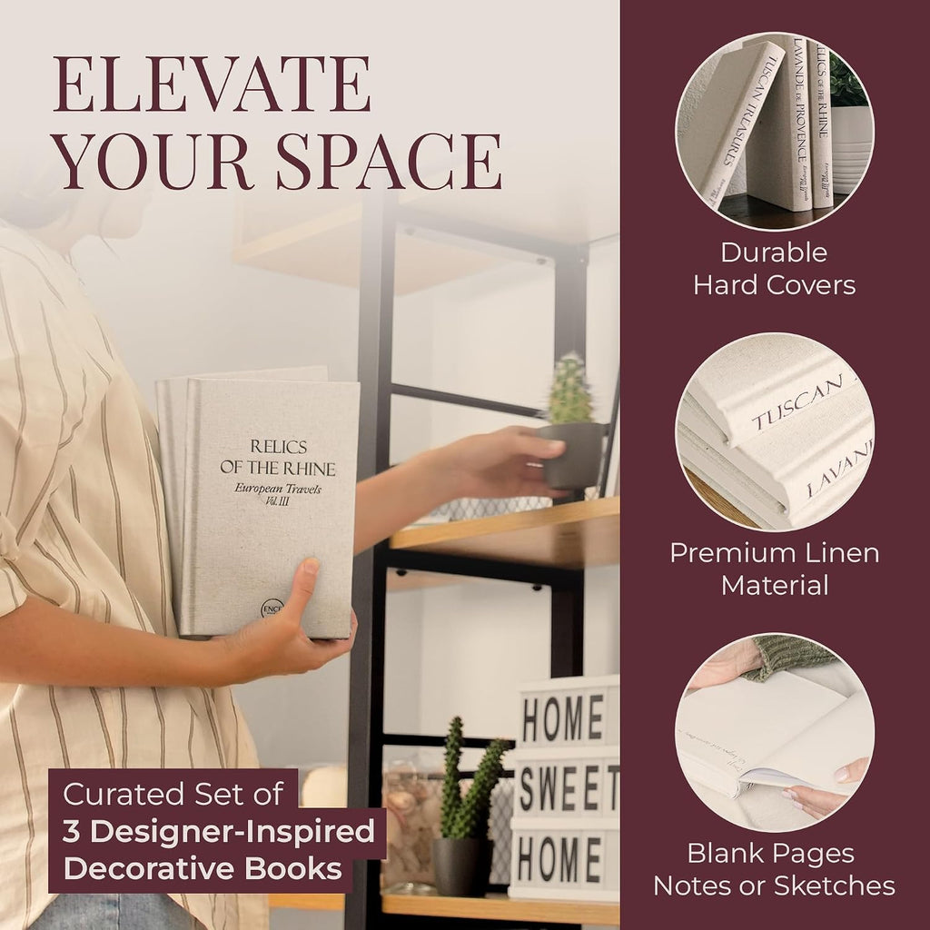 Ence Designs Decorative Books Decor Real Blank Pages Inside Set of 3 Designer-Inspired Faux Books with Beige Linen