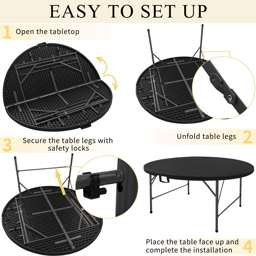5 FT Round Folding Tables with Carrying Handle 60 inch Heavy Duty Portable Plastic Commercial Table Steel Legs for