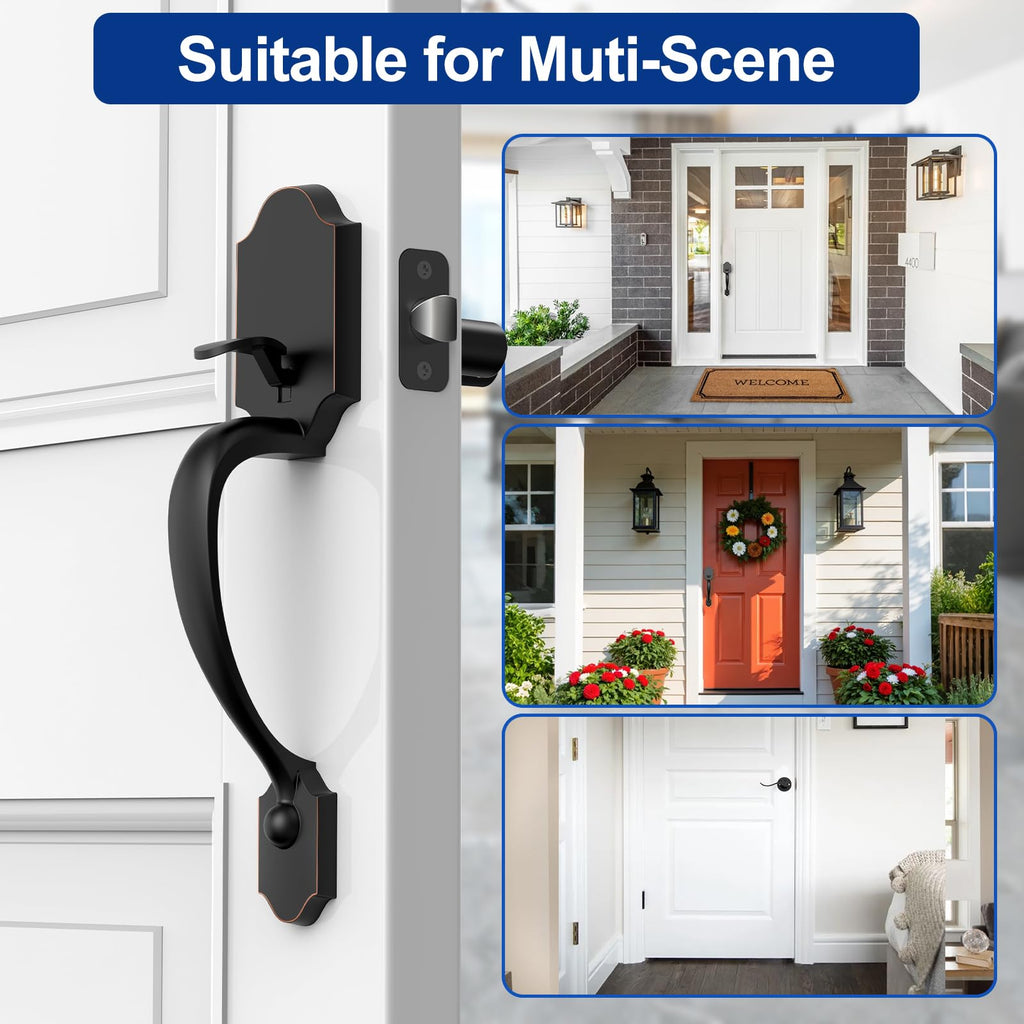 Front Door Handle No Lock, Oil-Rubbed Bronze Entry Door Lock Set with Reversible Handle, Exterior Door Lock Set
