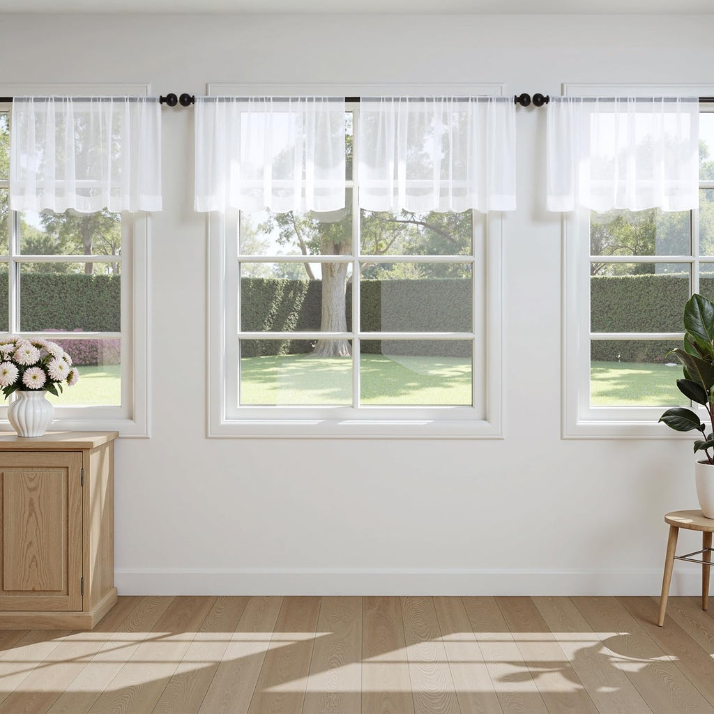 White Valance for Windows, 4 Panels Set, Light Filtering Small Short Valance Sheer Curtains , 42W x 14 Inches