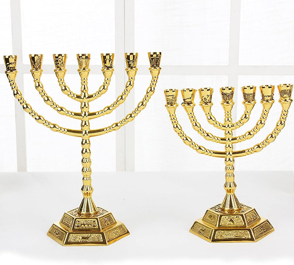 Jewish Candle Sticks 7 Branches - 12 Tribes of Holder for Hanukkah and Kwanzaa, Jerusalem Temple (8 Inches, Gold)