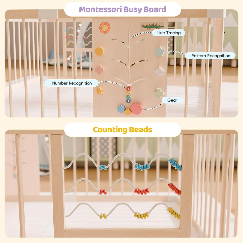 Wooden Baby Playpen, 63" x 63" Adjustable Size & Shape Play Yard Fence for Babies and Toddlers with Locking Gate