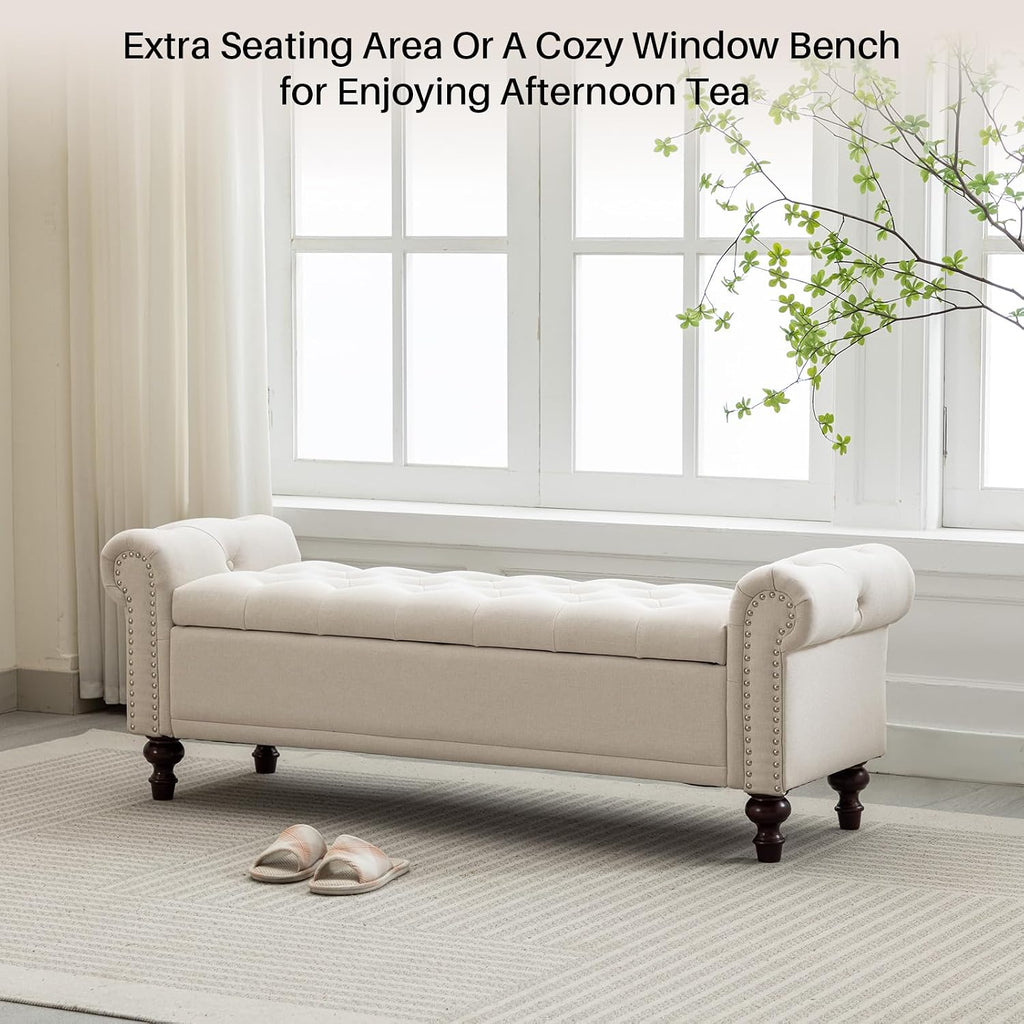 58.1" Storage Bench , Linen Upholstered, Beige | End of Bedroom Bed Bench Ottoman with Tufted Cushioned Rolled Arm