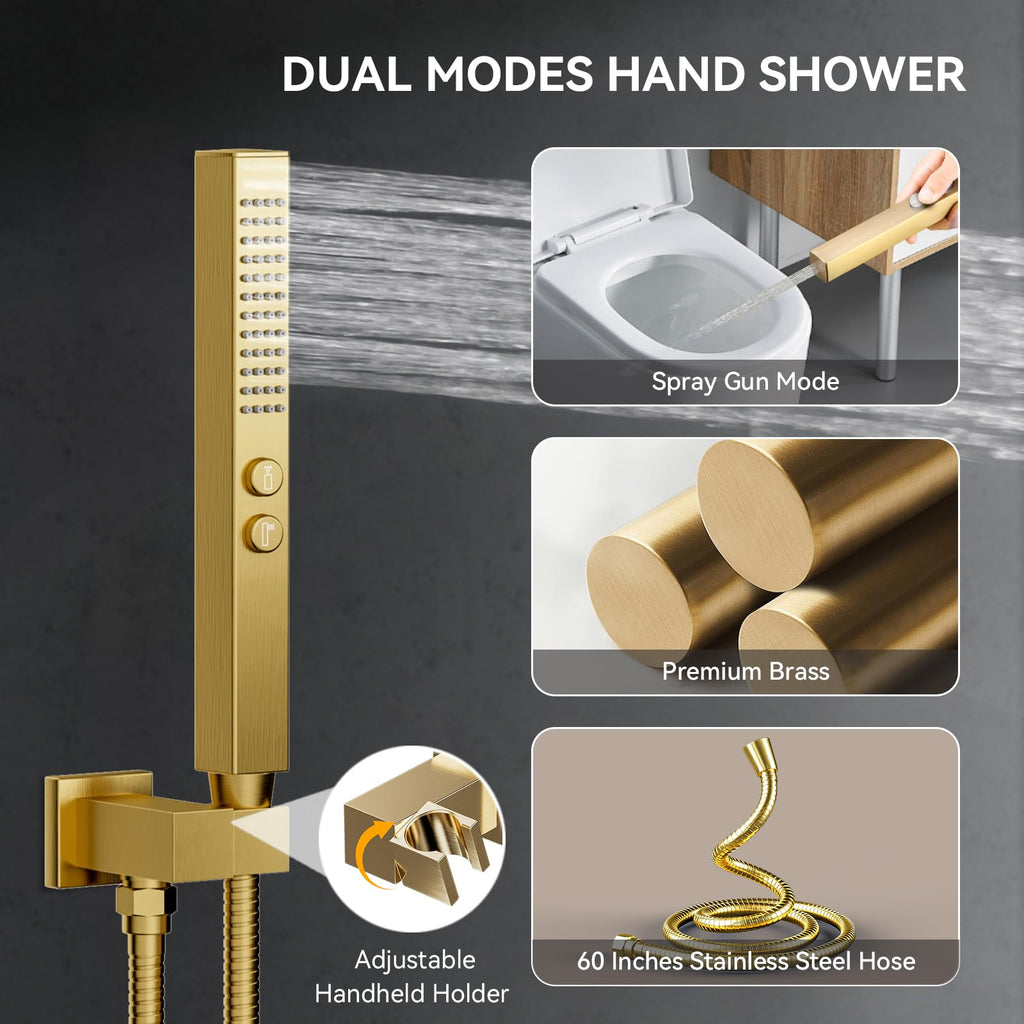 Brushed Gold Shower System with Body Jets, 4 Way Shower Faucet Set with 2 in1 Handheld,Ceiling Mount 12 Inch Shower