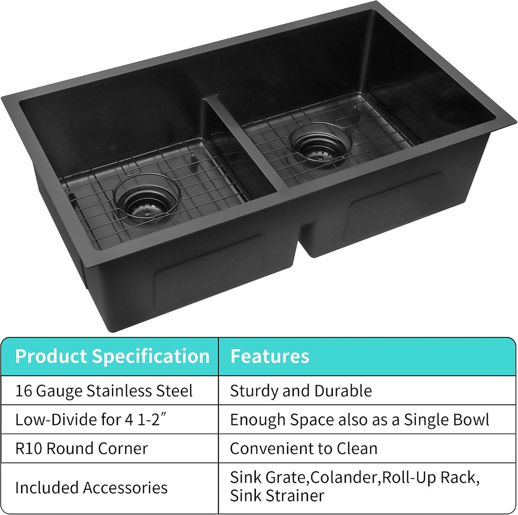 32 inch Double Bowl Kitchen Sink,Black Undermount Kitchen Sink 32 X 18 inch,16 Gauge Stainless Steel Undermount