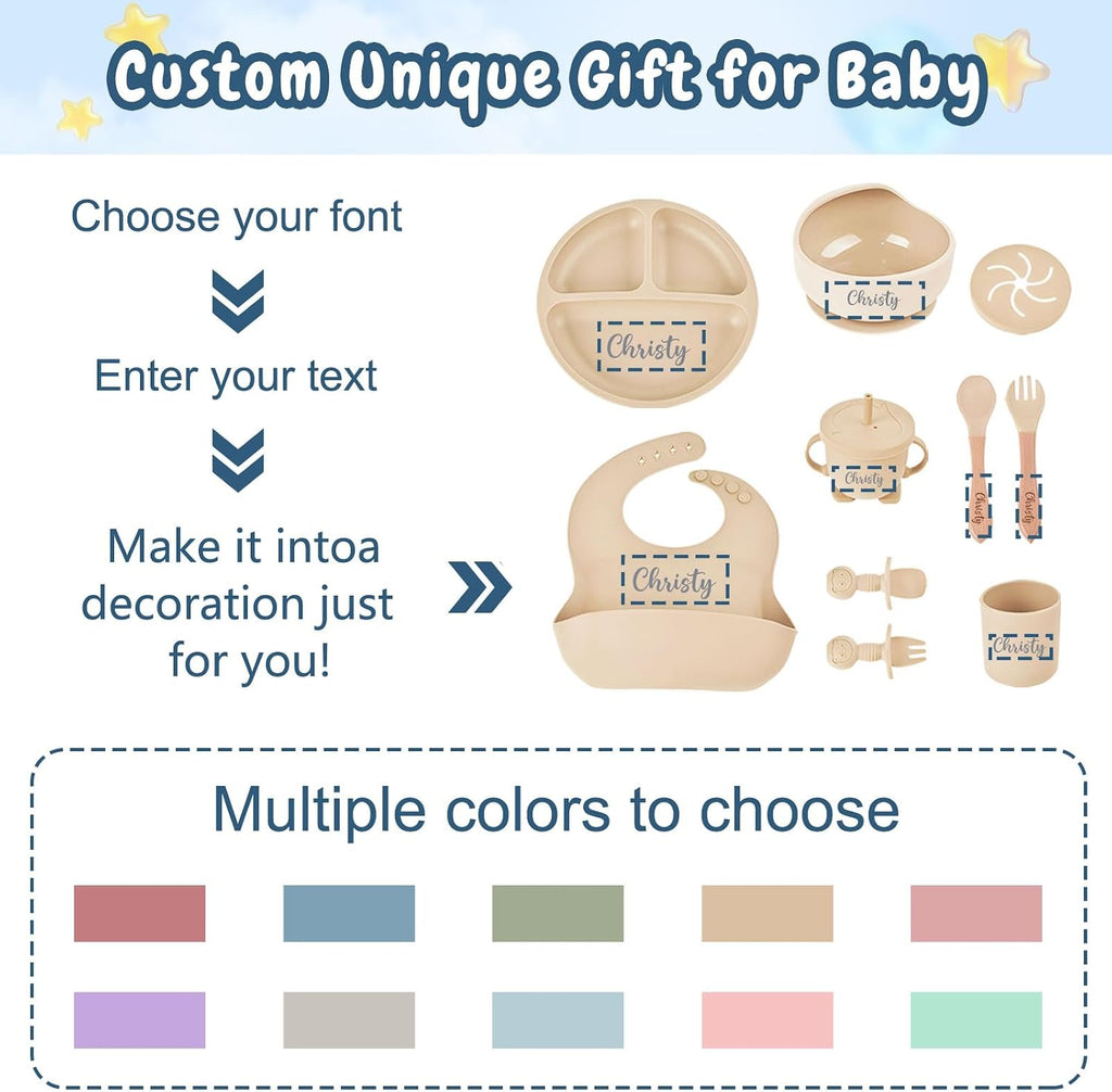 Personalized Silicone Baby Feeding Set with Name, Customized Baby Led Weaning Supplies Self Feeding Eating Utensils