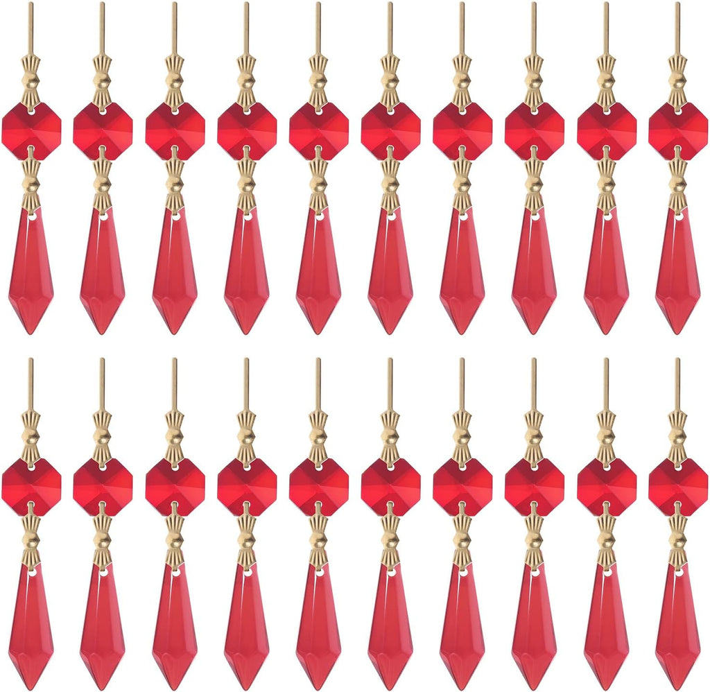 20pcs Red Crystals Prisms Glass Tip Beads Replacement Chandelier Icicle Drop Pendants Octagon Crystal Beads Gold Pins