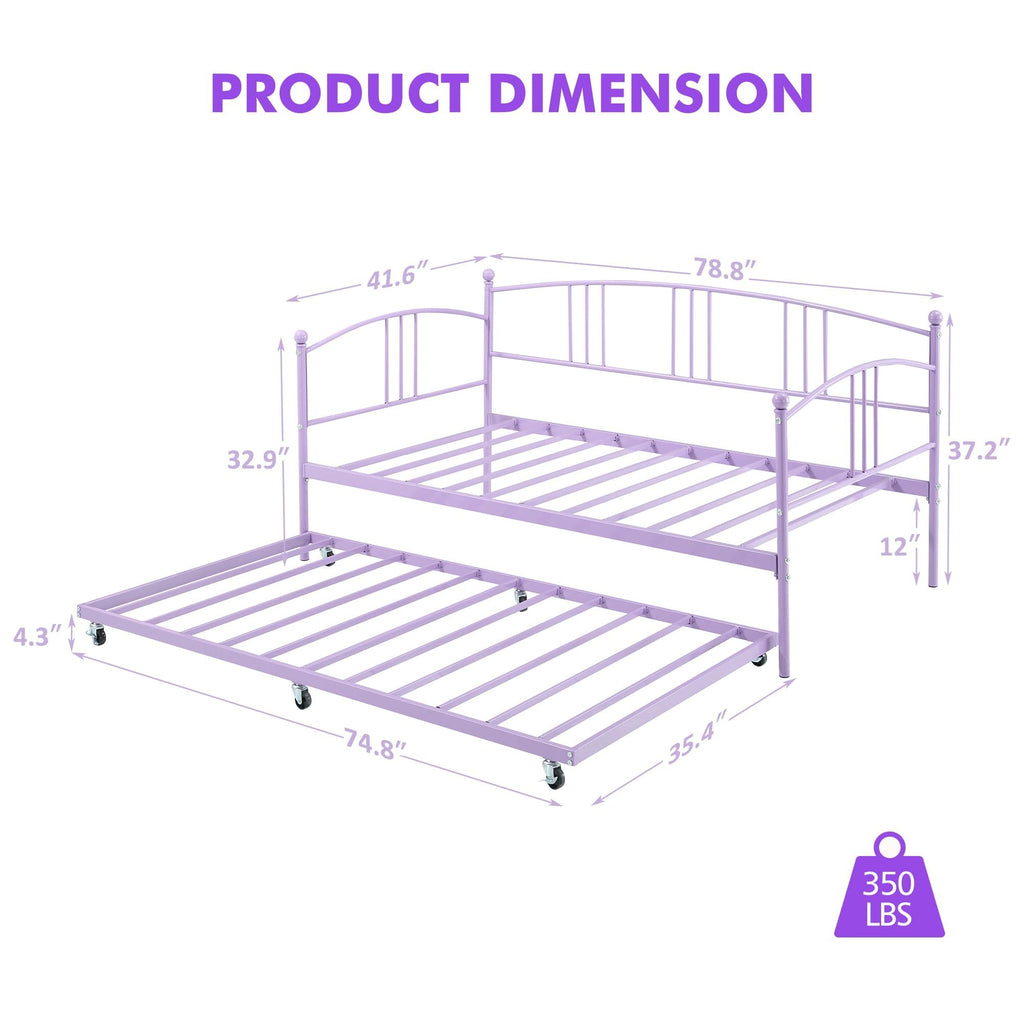 Twin Daybed with Trundle, Sturdy Metal Day Bed with Arched Headboard and Steel Slat Support, Pullout Trundle with 6
