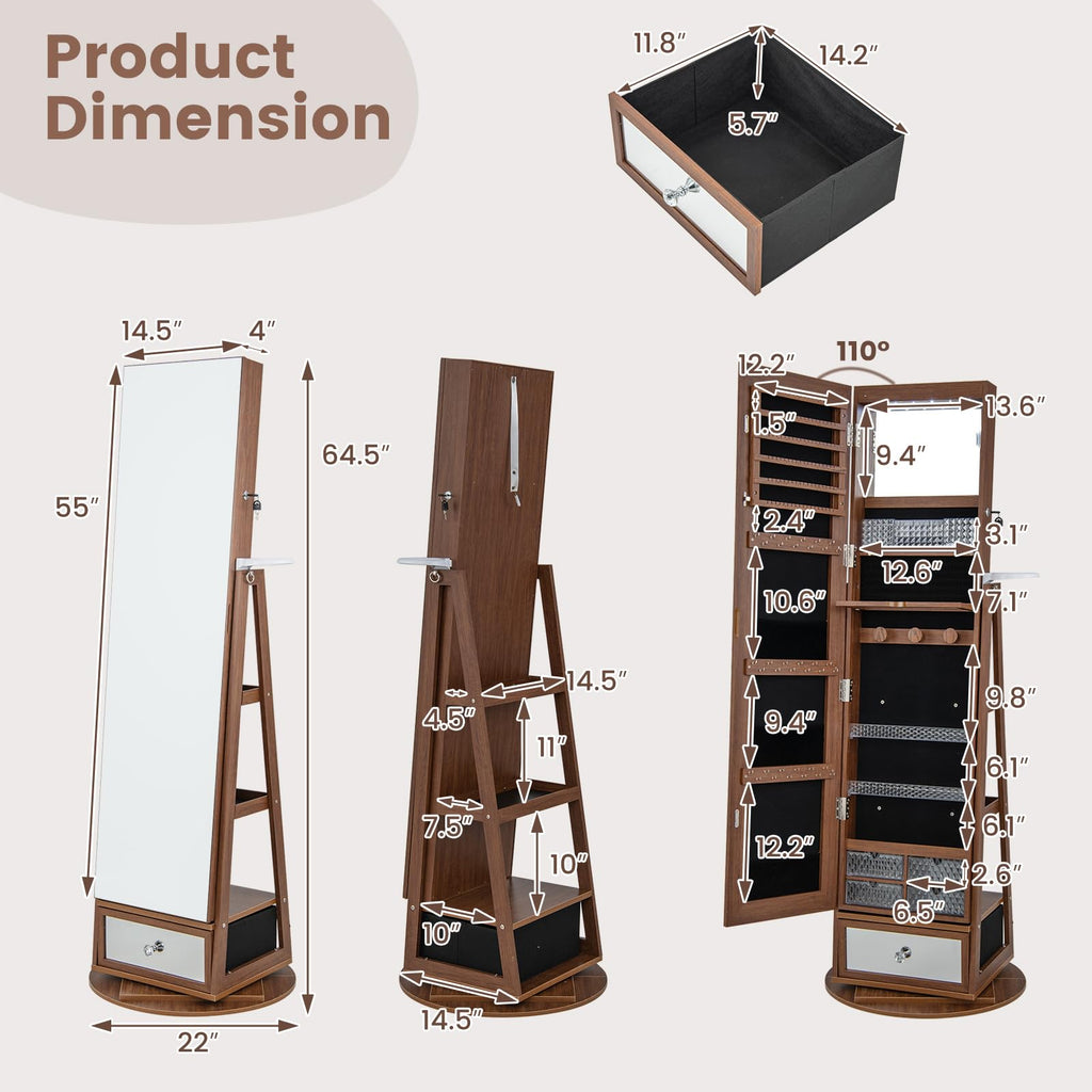 360 Rotating Jewelry Cabinet with Full Length Mirror, Standing LED Jewelry Armoire, Lockable Organizer with Hair