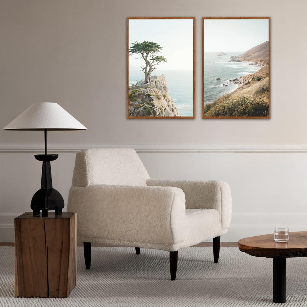 Coastal Seascape Framed Canvas Wall Art, Modern Beach Wall Decor, Neutral Pine Tree Painting, Natural Ocean Artwork