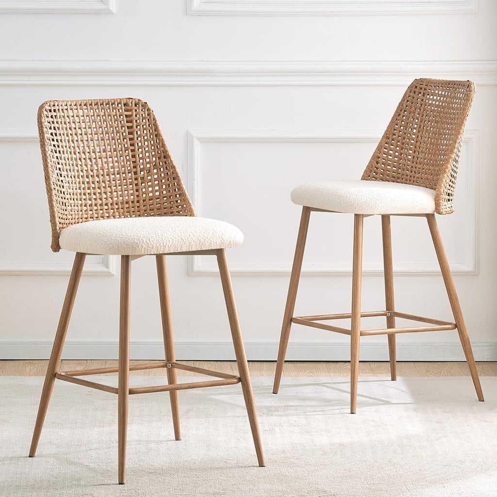 Rattan Bar Stools Set of 2, Modern Upholstered Counter Height Bar Stools with PE Rattan Back, 26" H Seat Height Bar