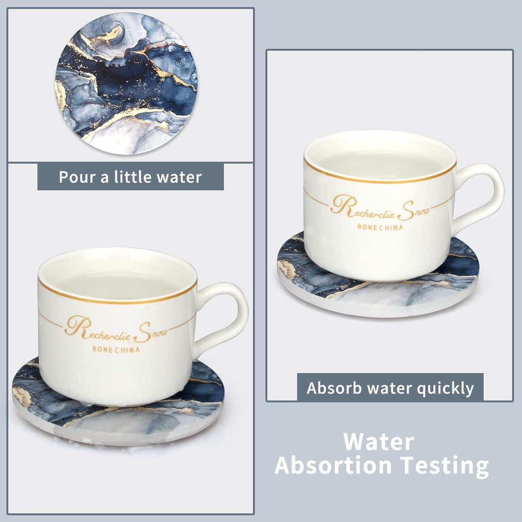 Coasters, Navy Blue Marble Abstract Ceramic Coasters with Holder - Set of 6