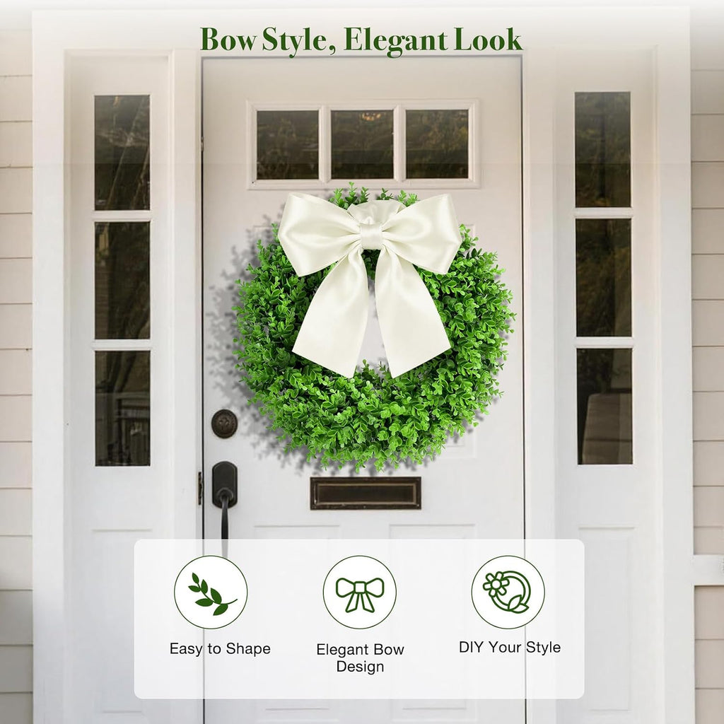 24" Boxwood Wreaths for Front Door - Large Boxwood Wreath with Sash