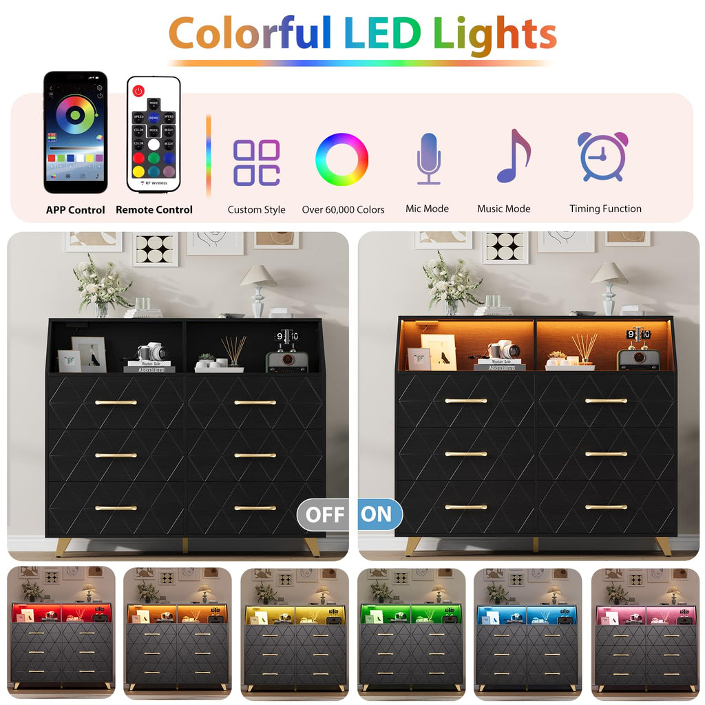 6 Drawer Dresser with LED Lights & Charging Station, Wooden Black Dresser, Modern TV Stand Dressers & Chests of