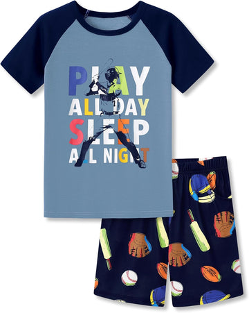 Boys Comfy Raglan Pajama Set Fun Print Tee & Shorts