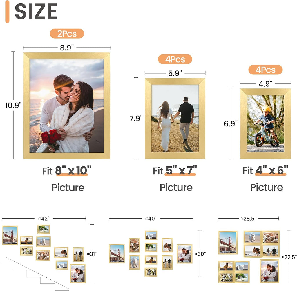 Picture Frames Set of 10, Including 8x10, 5x7, 4x6 Gold Frame | Multi Picture Frames Collage Wall Decor, Gallery Wall