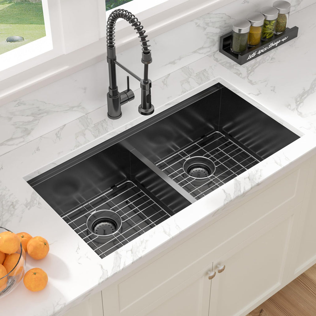 36 Inch Undermount Double Bowl Low Divided Large Workstation Gunmetal Black Sink Stainless Steel 16 Gauge 50/50 Sinks