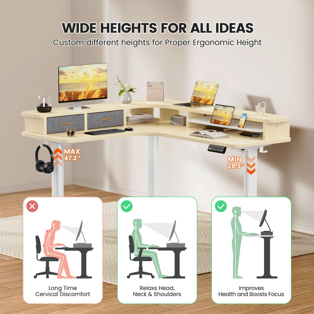 Electric L Shaped Standing Desk with Drawers, 63" x 55" Corner Standing Desk Adjustable Height, Stand Up Home Office