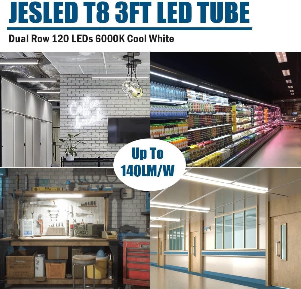 3FT T8 LED Tube Light, 6000K Cool Bright White