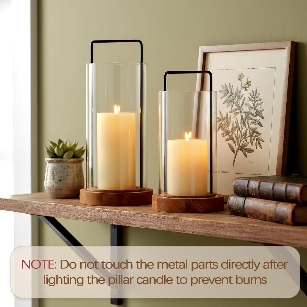 Set of 2 Hurricane Candle Holders Lantern 12" & 10"with Wood Base Metal Handle Glass Cylinder Modern Farmhouse Decor