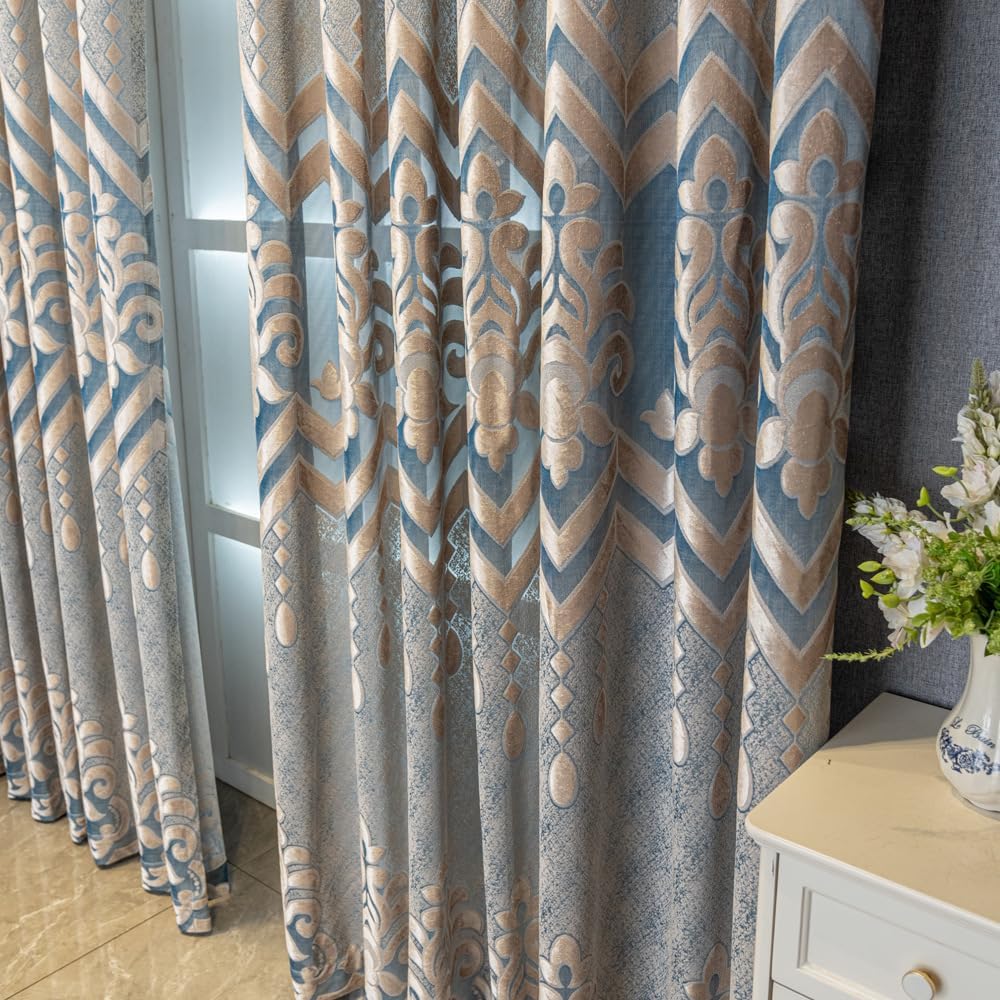 1 Pair European Semi-Sheer Curtains for Living Room Bedroom Embroidered Hollow Luxury Curtains (Blue,52x96 Inch)