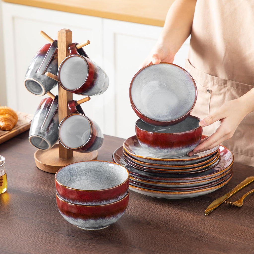 Starry 16 Pcs Dinnerware Set for 4, Handmade Reactive Glaze, Red