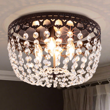 15" Black Crystal Ceiling Light, 4-Lights Vintage Farmhouse Flush Mount Chandelier, Antique French Empire Ceiling