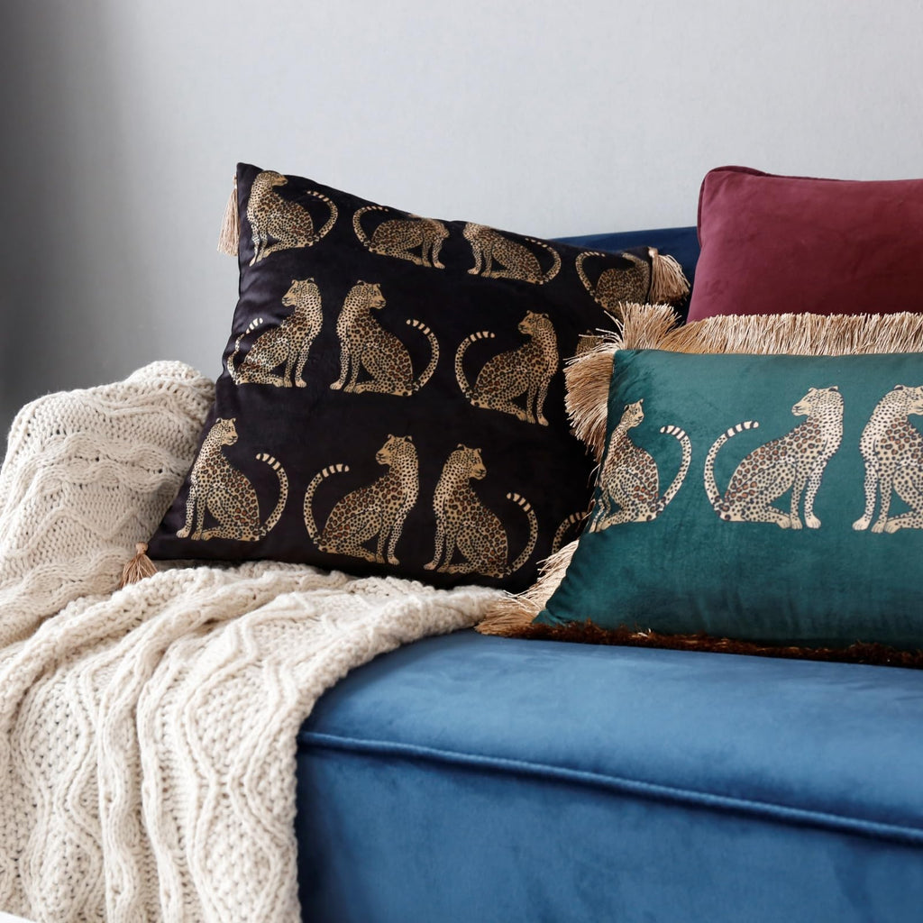 Lumbar Decorative Throw Pillow Cover with Tassels Leopard Pattern Cushion Cover Luxury Style Soft Velvet Pillowcase
