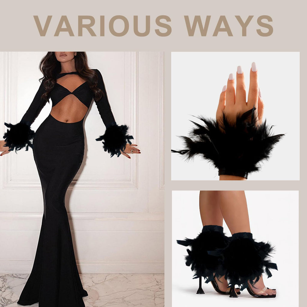 Turkey Feather Gloves Wrist Cuffs Natural Fluffy Feather Trim Fringe for Clothing DIY Dress Crafts Wedding - 2 Pcs