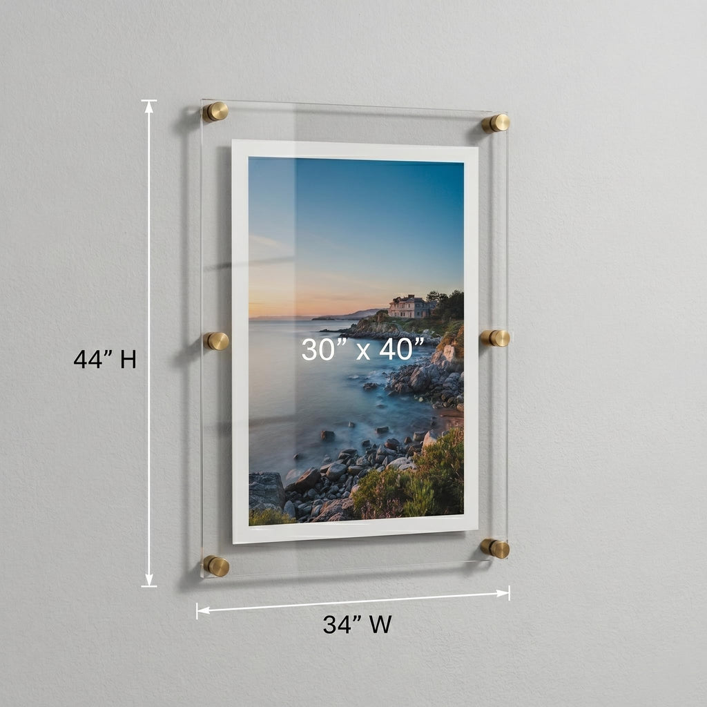 Acrylic Floating Double Panel Wall Frame, 30" x 40" Graphic Size, Overall Frame Size: 34" x 44", Gold