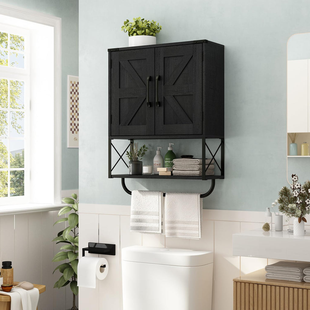 Farmhouse Medicine Cabinet with 2 Barn Door & Towel Bar Rack