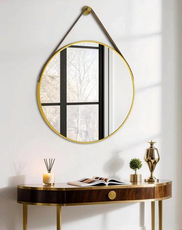 Hanging Strap Wall Mirror: 27.5in Round Bathroom Mirror Gold Frame