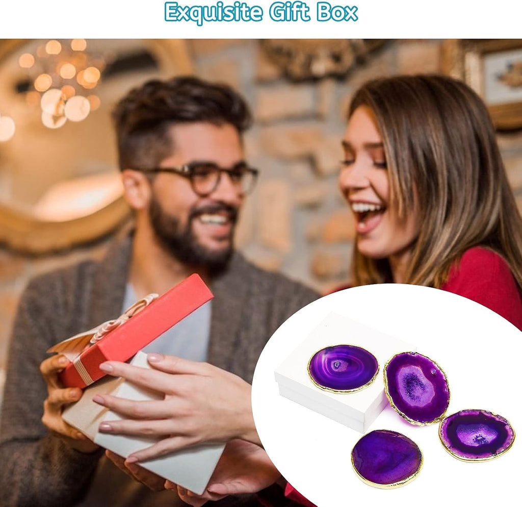 Agate Coasters Crystal Drink Coasters with Gift Box (Purple) - Set of 4