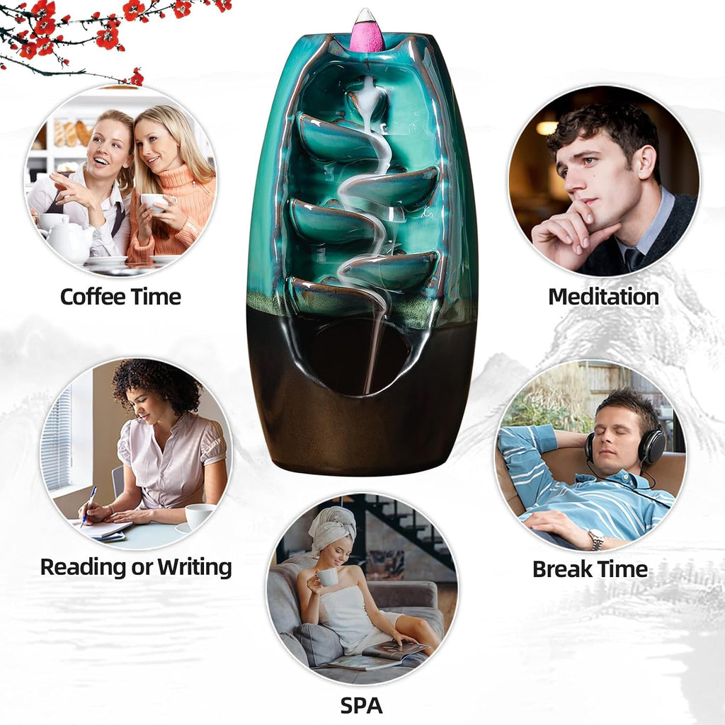 Ceramic Incense Burner with 100 Upgraded Cones, Waterfall Backflow Incense Holder, Aromatherapy Ornament, Zen Decor - Set of 121