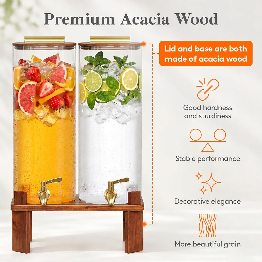 Gallon Glass Drink Dispenser with Wood Stand & Leakproof Spigot - Set of 2