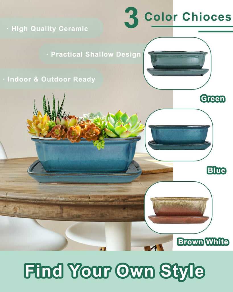 10.5 Inch Ceramic Bonsai Pot with Drainage Hole and Saucer, Blue