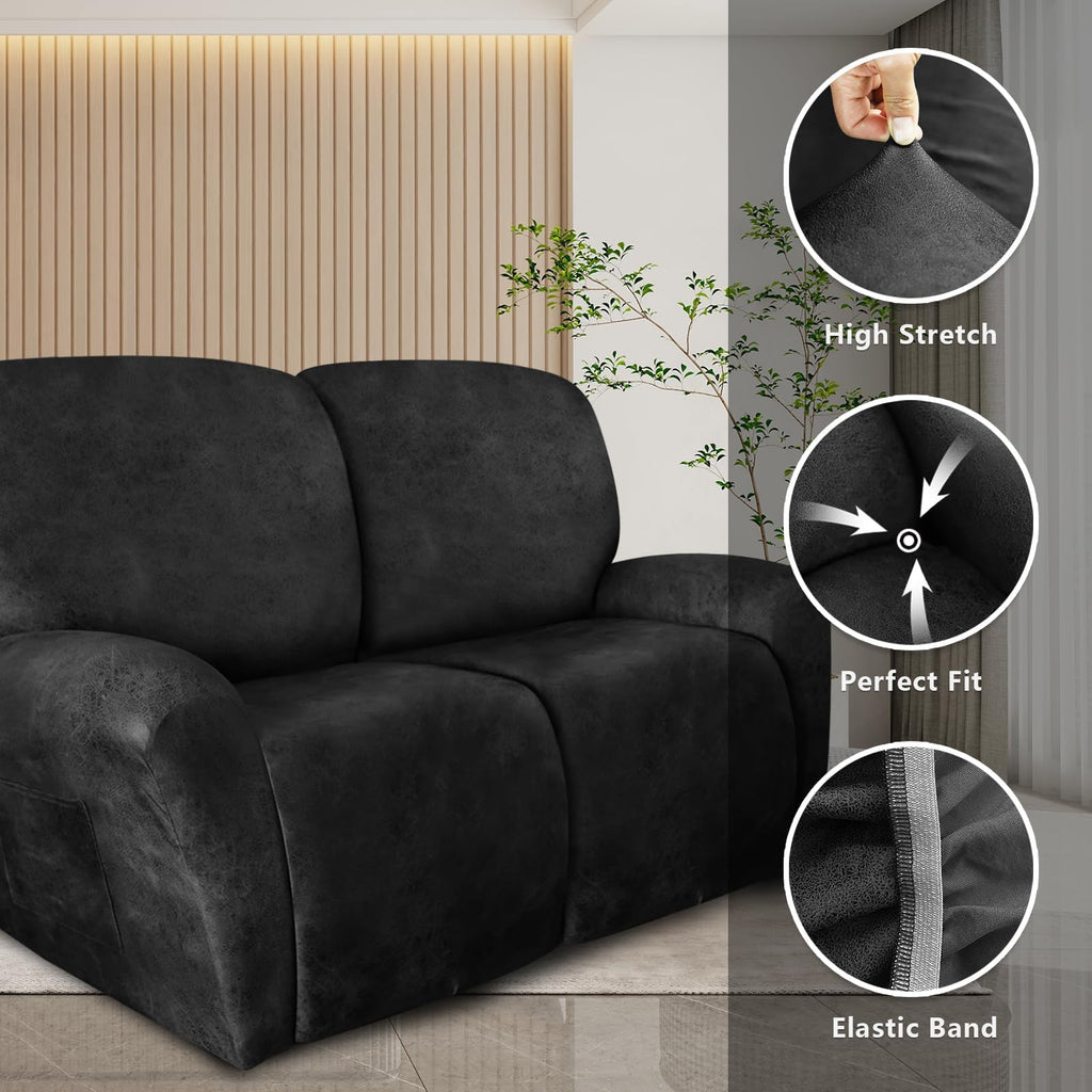 Loveseat Recliner Slipcover Large Size Oversized - 6 Pieces Stretch Leather Like Recliner Sofa Cover for 2 Seat Dual
