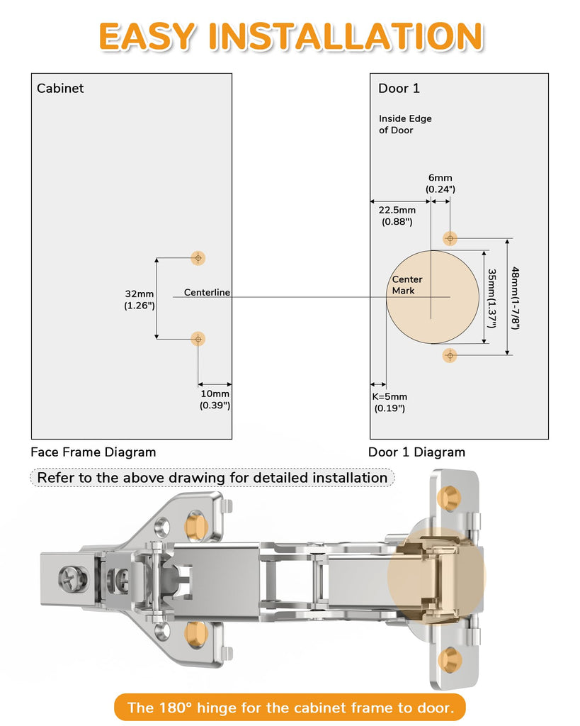 4 Pack 180 Degree Soft Close Cabinet Hinges, Lazy Susan & Kitchen Corner, 48mm Hole Distance, Concealed Face Frame &