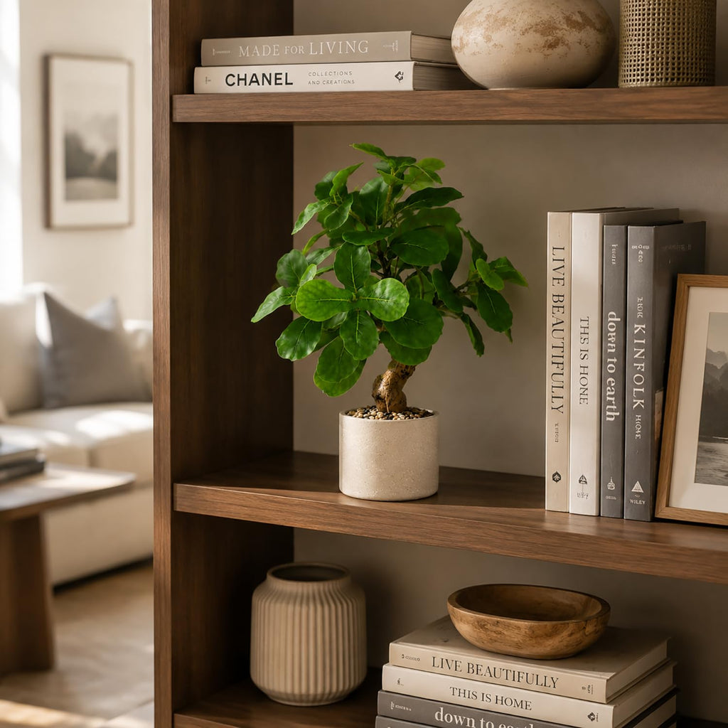 17.5 Inch Artificial Fiddle Leaf Fig Tree in Cement Pot with Pebbles, Realistic Faux Potted Plant, Zero-Maintenance