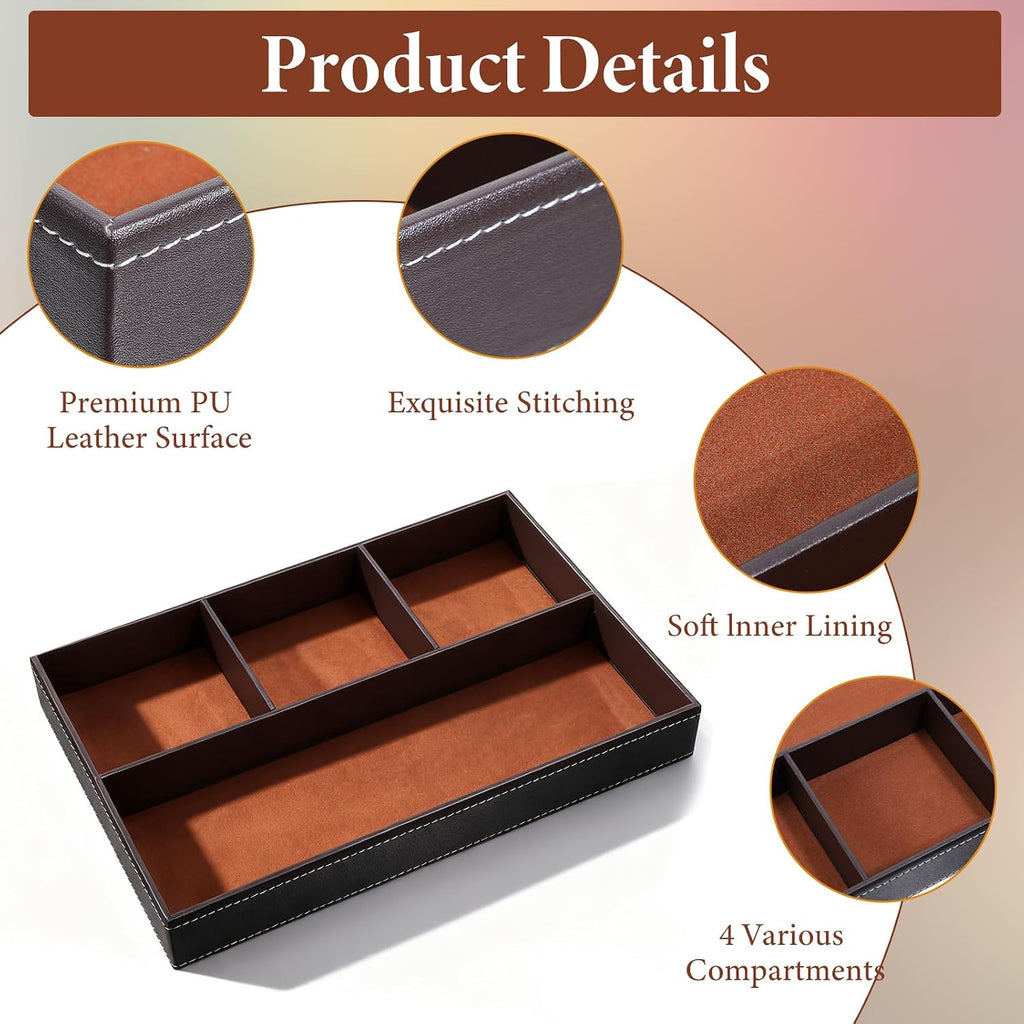 Valet Tray for Men, Mens Valet Tray Stackable Leather Organizer, Brown Drawer Trays for Watch, Wallet - Set of 2