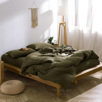 Duvet Cover Set Linen Cotton, King(104"x90"), Gauze - Olive Green