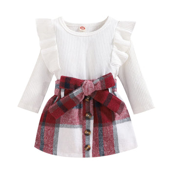 Toddler Baby Girls Plaid Outfits Knit Ribbed Sweatshirt Shirt Tops Red Plaid Belt Skirt Fall Winter Clothes