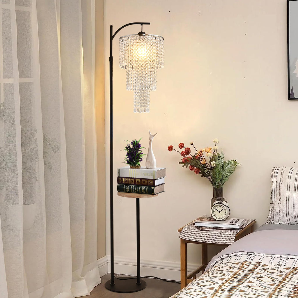 Arc Floor Lamp with Table and Shelves, Crystal Floor Lamps, Dimmable Elegant Modern LED Floor Standing Lamp with